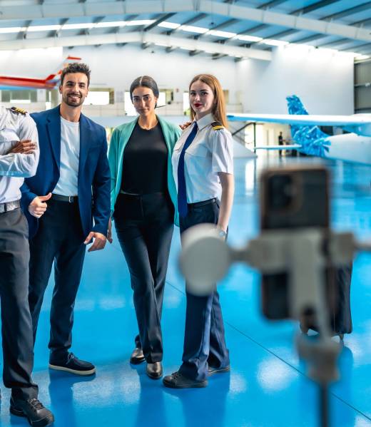 Pilots and a manager recording a video on a smartphone mounted on a tripod inside an aircraft hangar, showcasing teamwork in aviation